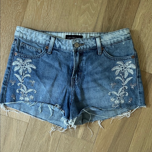 Lucky Brand Blue Jean Shorts with White Floral Embroidery - Picture 1 of 3